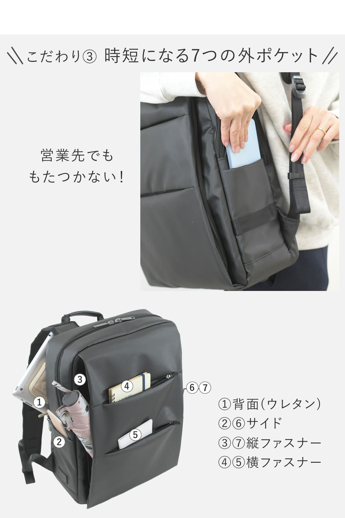 外側だけでも7つポケットがあるから移動中もサッと取り出せるレディースビジネスリュック
