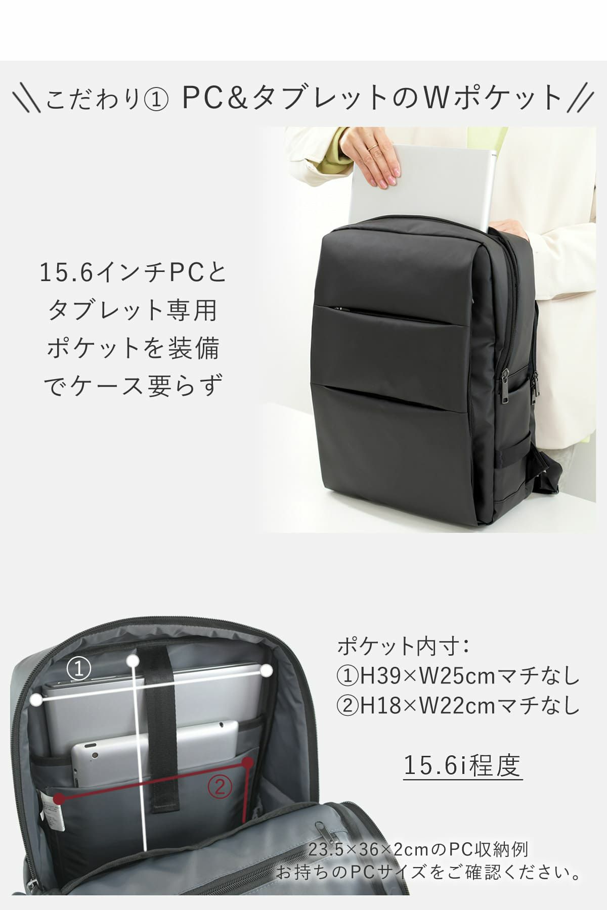 PC、タブレットのWポケット。タブレット専用ポケットも付けたから2台まとめてすっきり収納