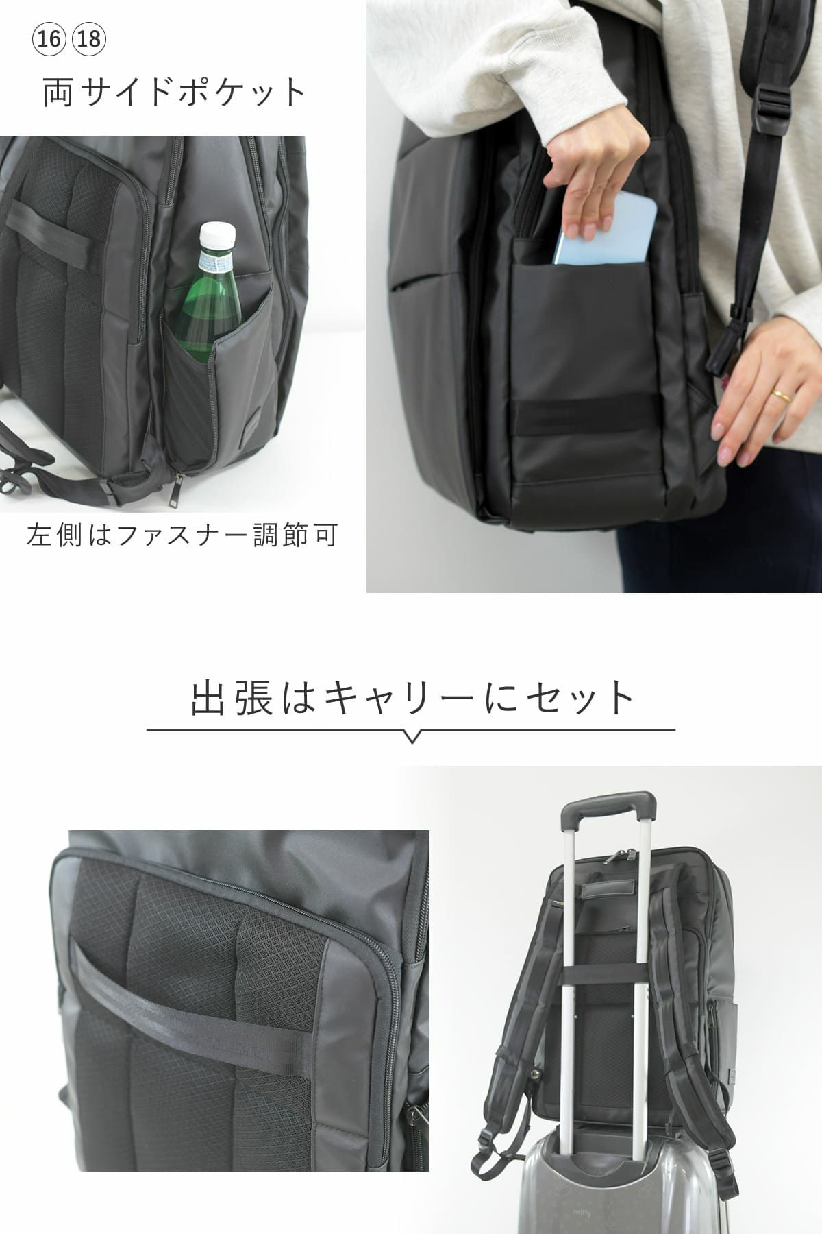 キャリーバッグにセットできるスリット付き、サイドポケットはファスナーで調整できます