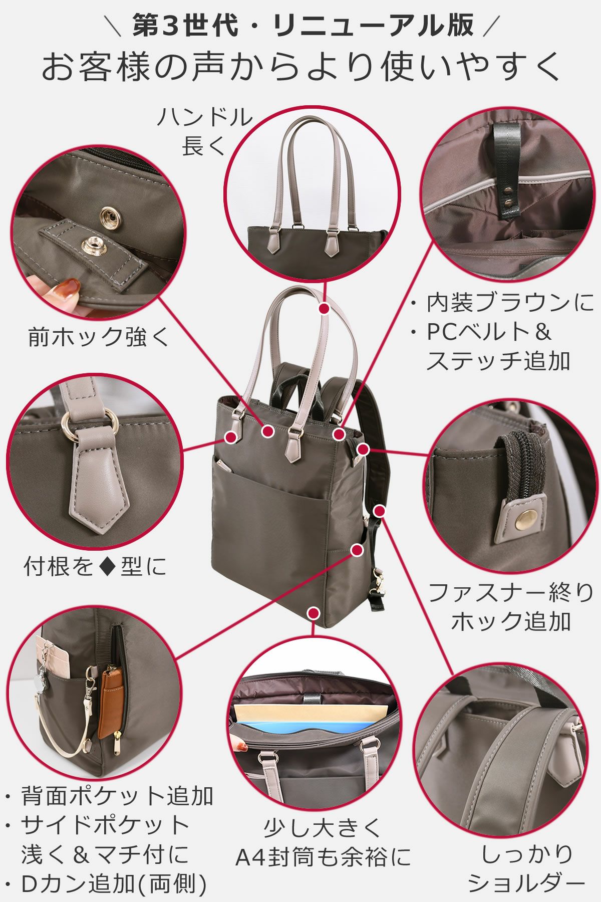 目々澤鞄 お客様の声で改良を重ねた第三世代トートリュック レディースビジネス用2wayバッグ