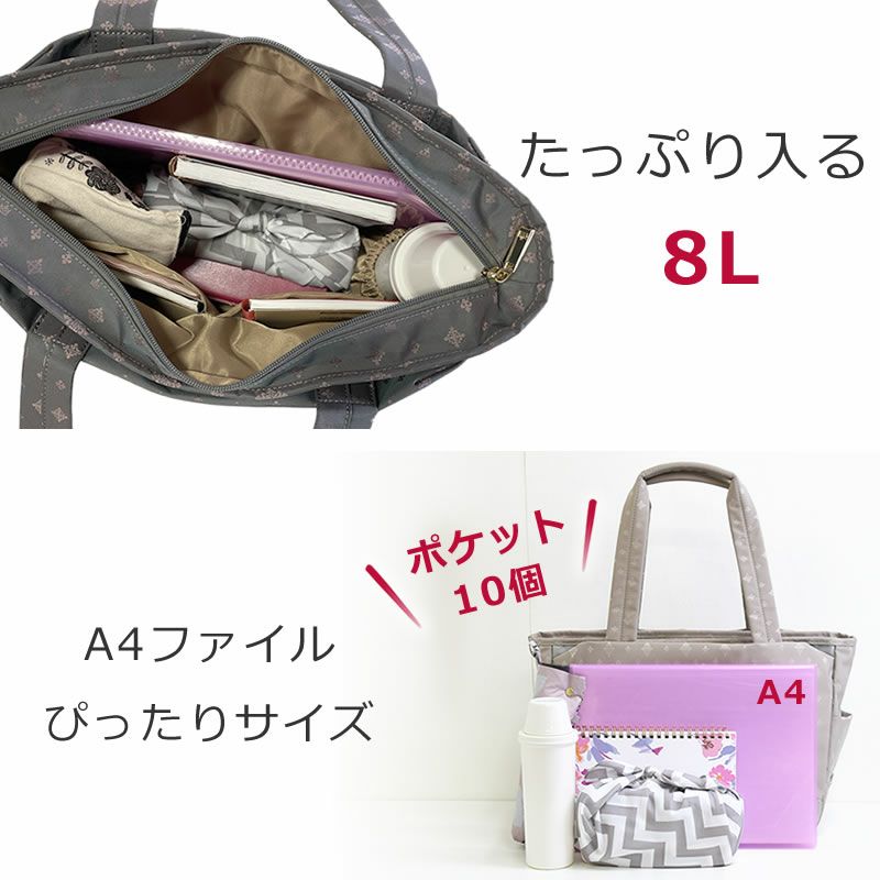 トートバッグ レディース ナイロン トート A4サイズ ブランド おしゃれ 軽い しっかり 大容量 8L  ポケット10個 ビックトート ペットボトル A4ファイル