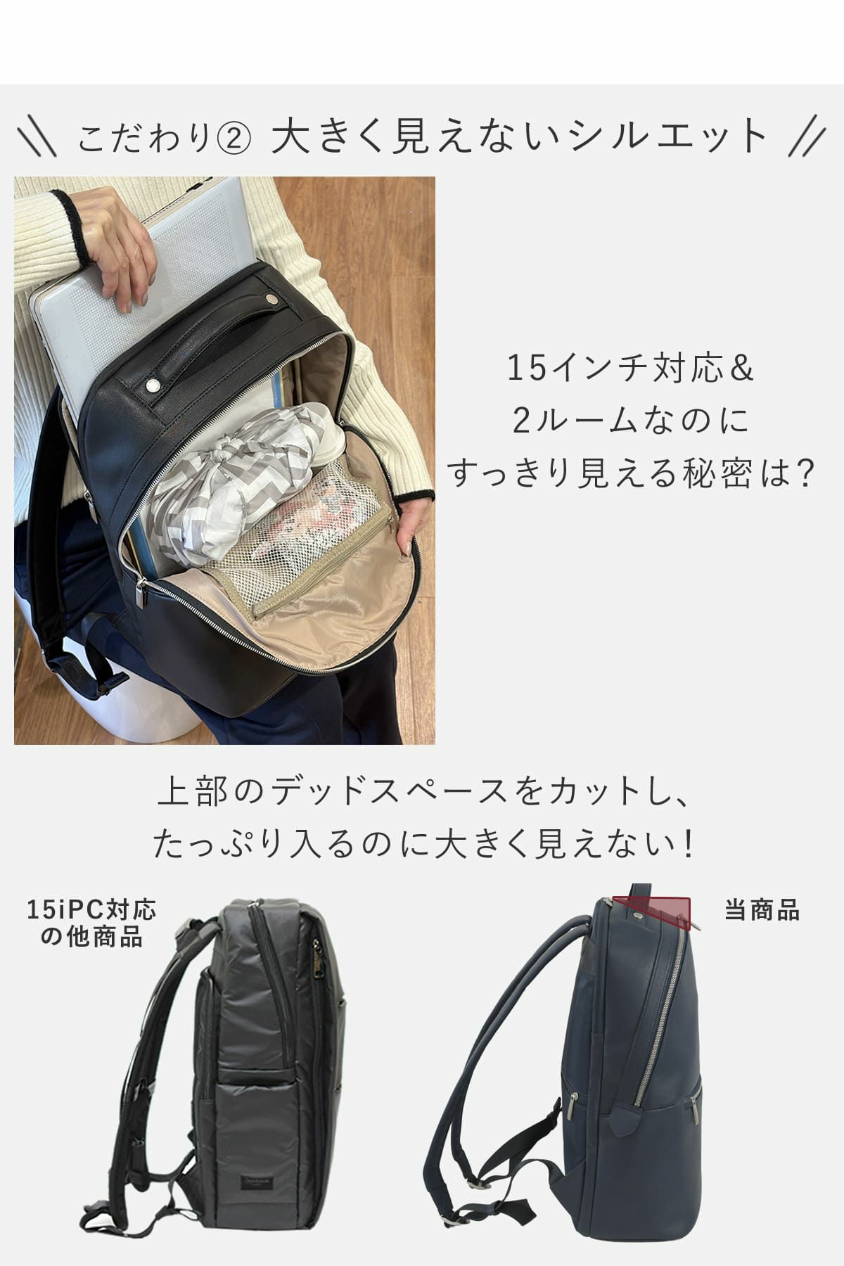 15インチ対応で、2ルームなのに大きく見えない工夫、上部のデッドスペースをカットしました